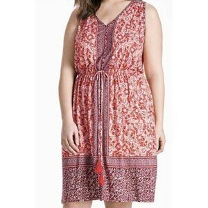 Lucky Brand Women's Viscose Patterned Adjustable Waist Boho Red Dress Size 1X